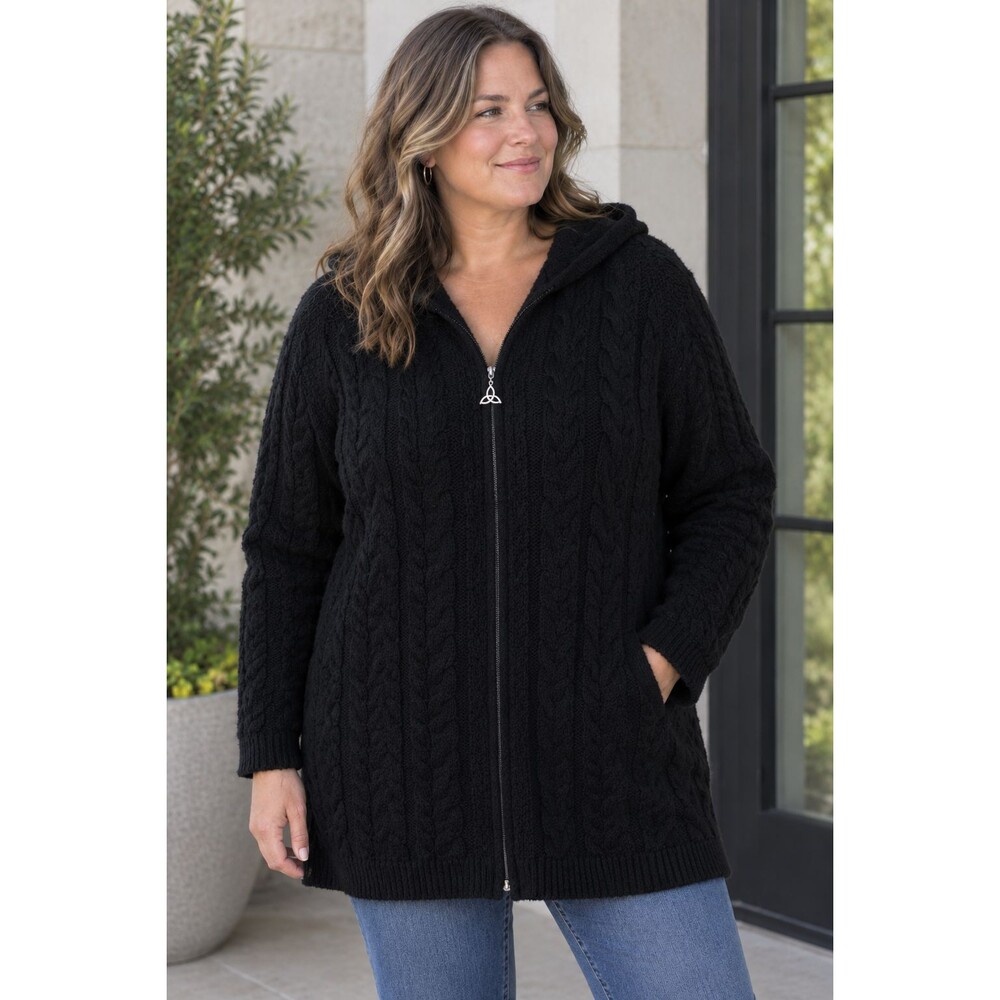 Aran Crafts Sweater Womens XL Black Merino Wool Hooded Cable Zip Cardigan Jacket